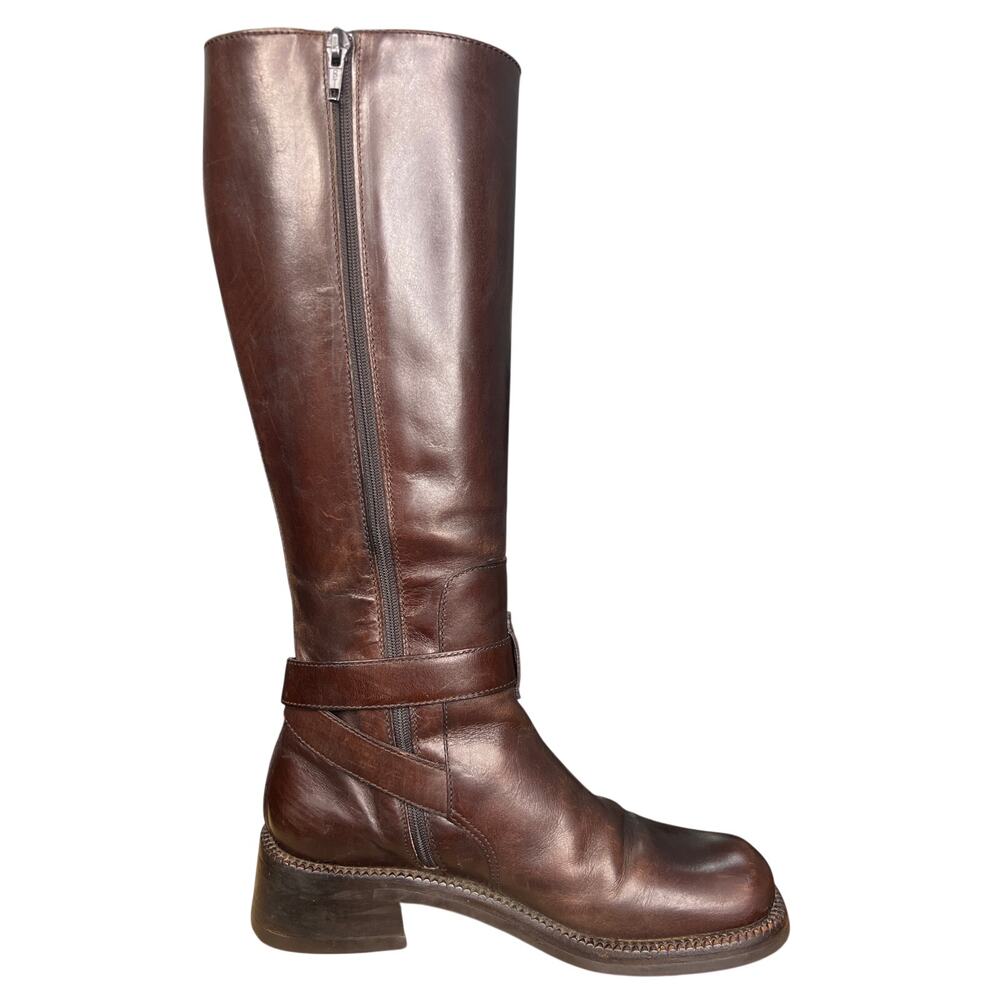 Prada Women’s Brown Leather Block Heel Riding Boot Size 38.5 US 8.5 - Picture 4 of 11